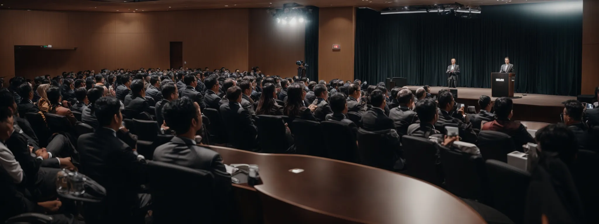 a speaker presents to an attentive audience at a modern digital marketing conference.