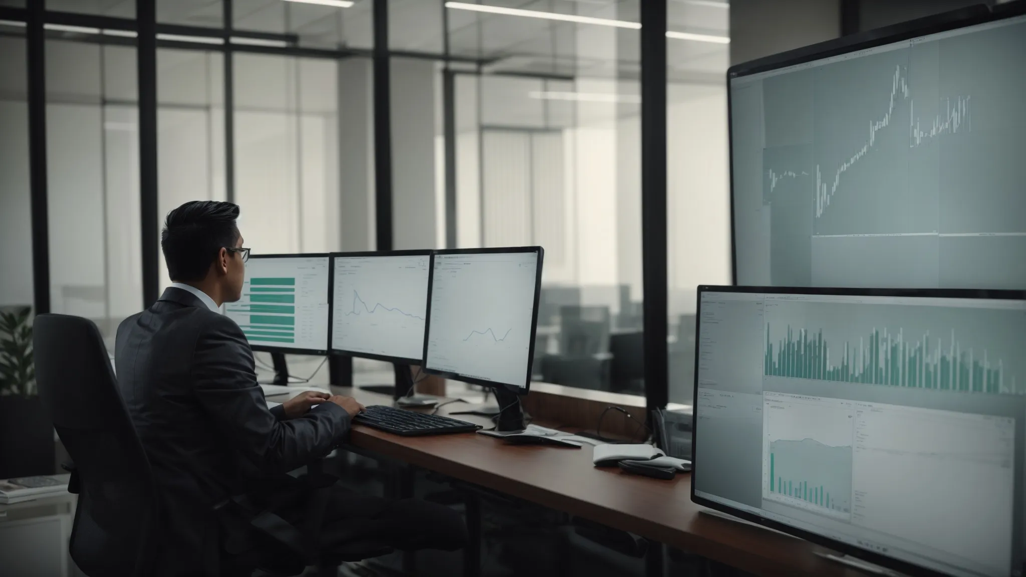 a person contemplates a graph showing upward growth trends on a computer screen in a modern office.