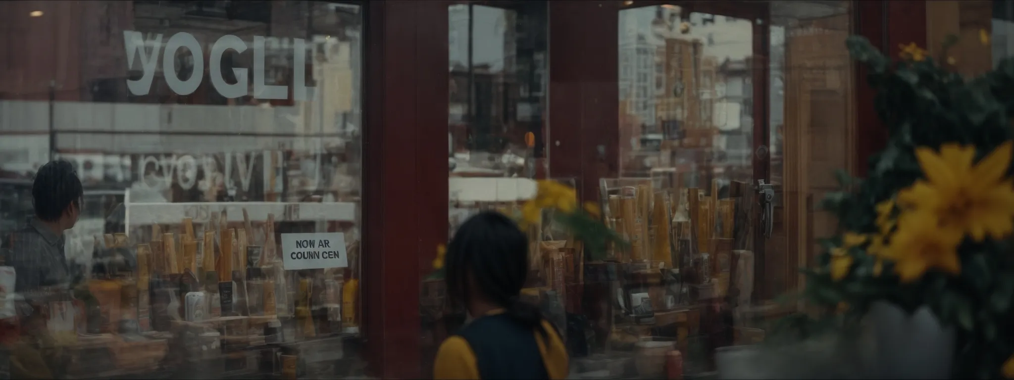 a business owner pastes a 'now open' sign in a shop window.