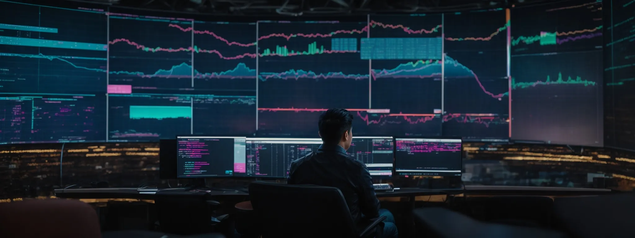 an seo professional sits before a large screen displaying colorful data analytics, with an ai-assisted interface on one side.