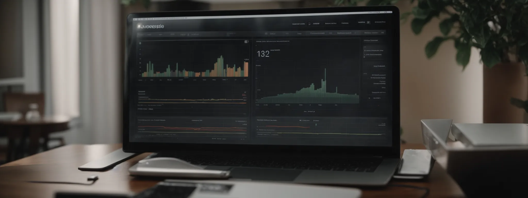 A laptop on a wooden desk displays data analytics graphs and charts on its screen, with office items surrounding it.