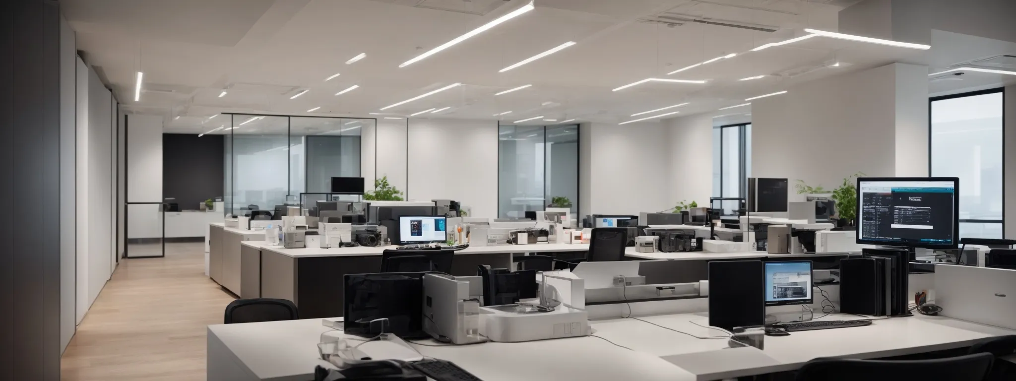 a sleek modern office space with a computer displaying a branded web page on its screen.