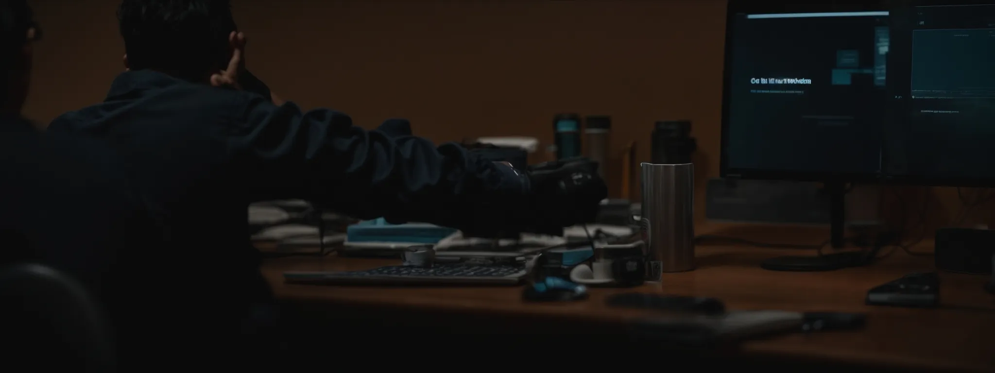 a person sitting at a computer, clicking on a 