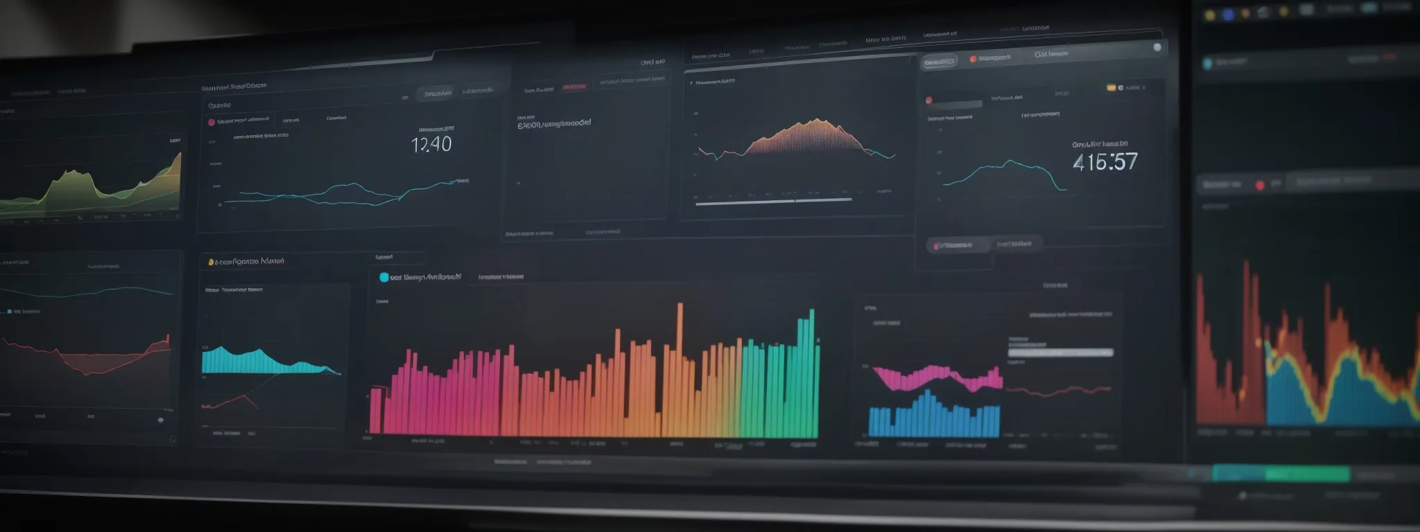 a computer screen displays a colorful dashboard with graphs and charts representing keyword ranking positions on different search engines.