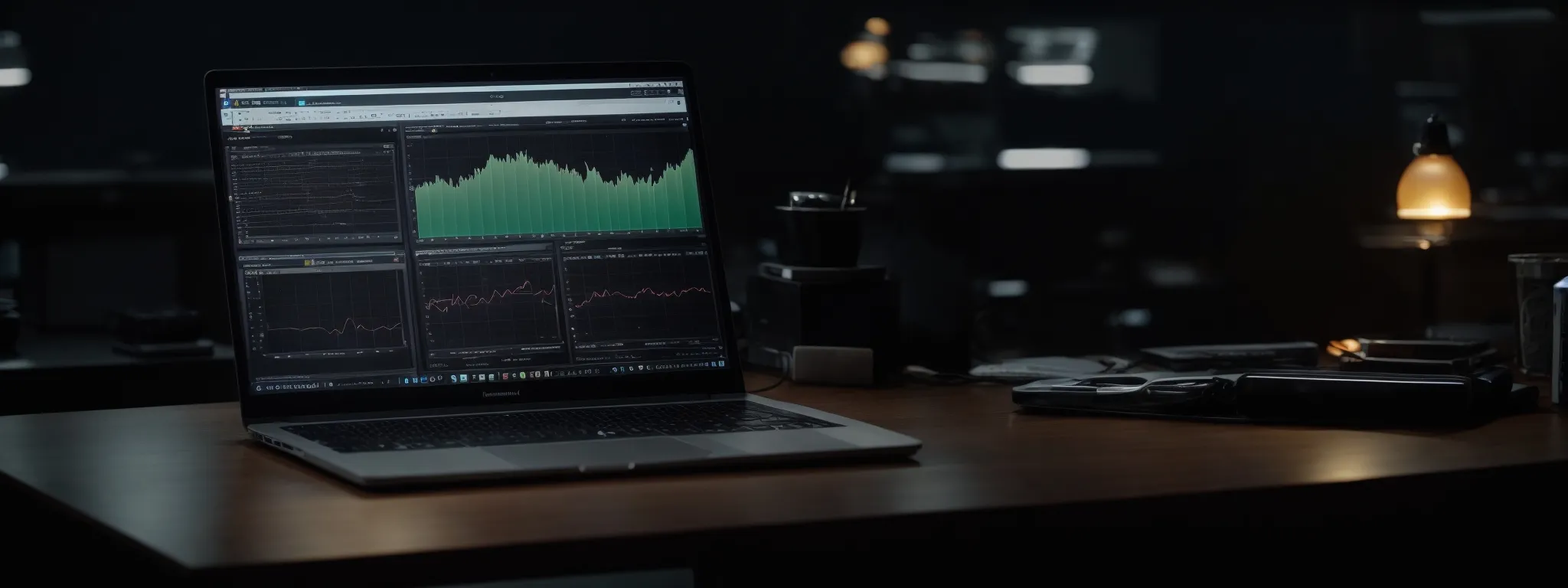 an open laptop with graphs on the screen situated on a work desk illuminating strategies in a dimly lit office.