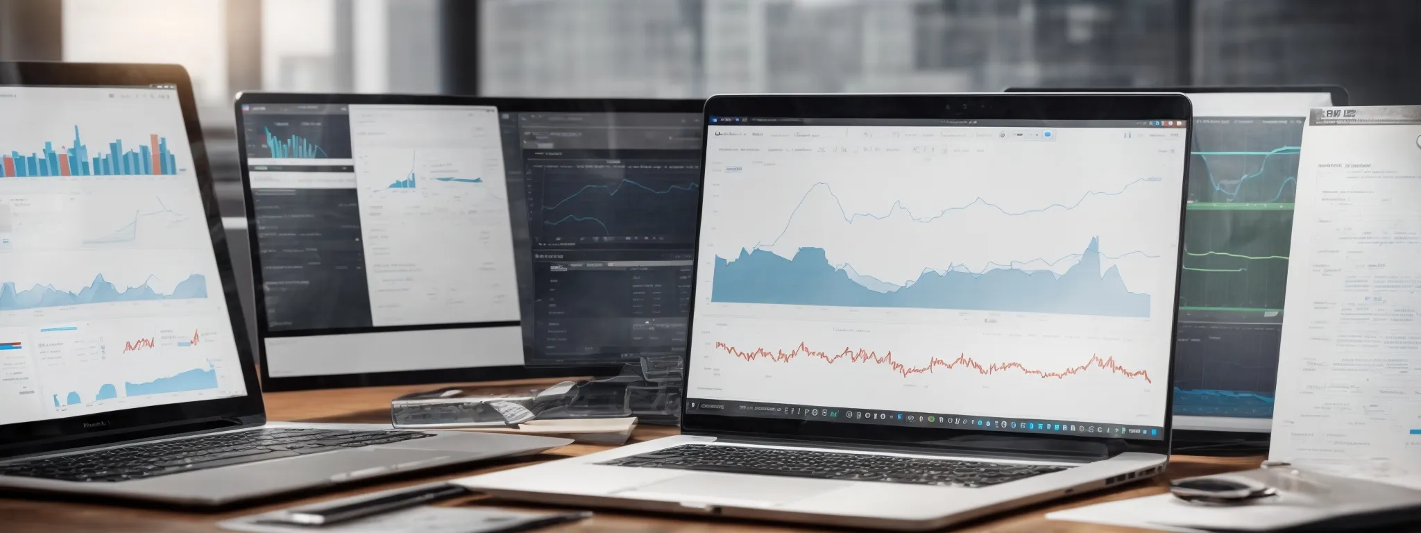 a desktop with an open laptop displaying a graph, surrounded by marketing strategy documents and a whiteboard with website analytics.