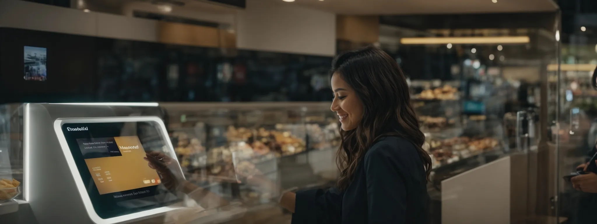 a smiling customer effortlessly placing an order using an interactive touchscreen kiosk in a modern, bustling store.