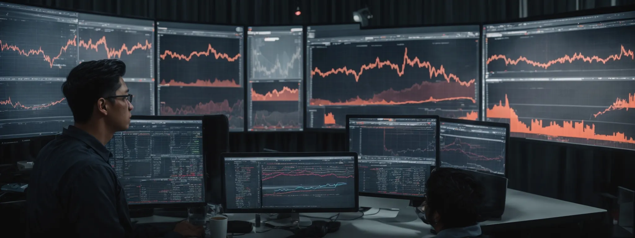 a digital marketing specialist, surrounded by screens displaying graphs and analytics, intently studies seo performance metrics.