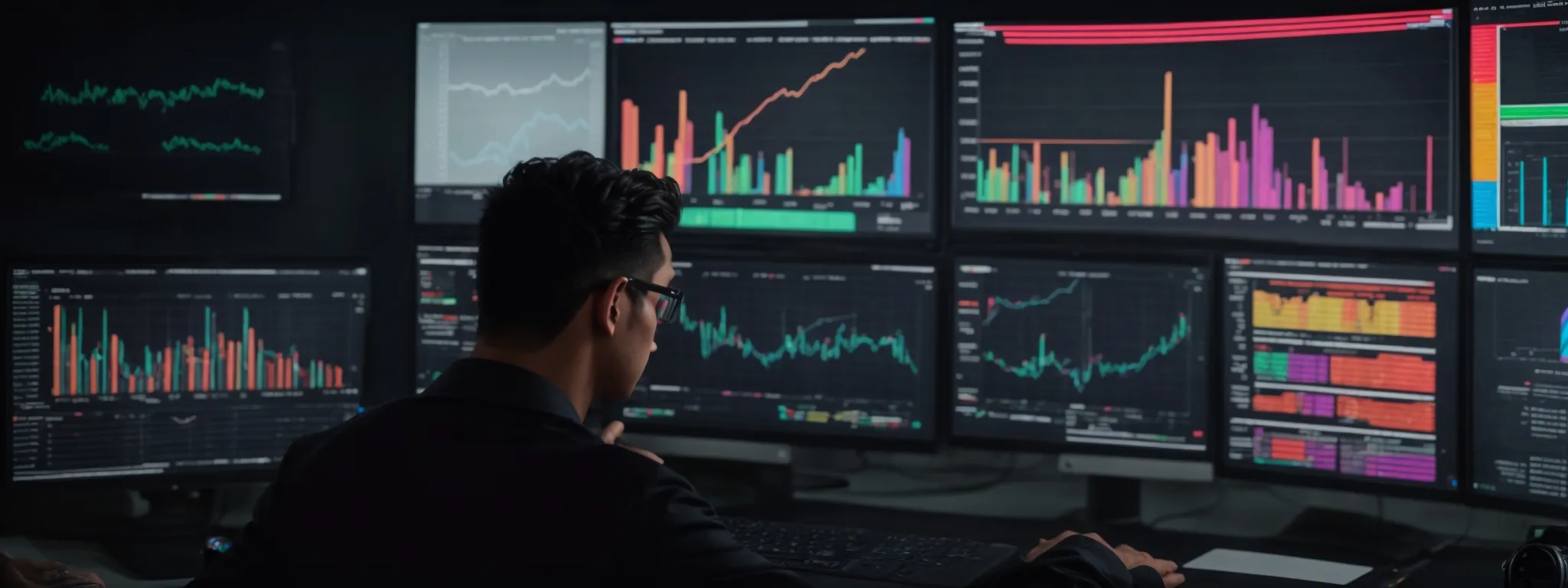 a digital marketer analyzes colorful graphs and charts on a computer screen, representing search engine results page rankings and data analytics.
