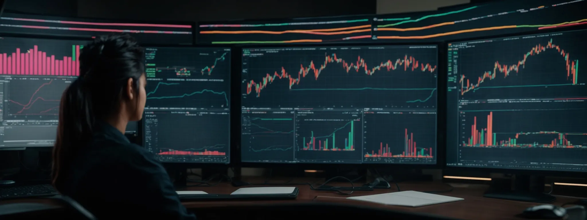 a person in front of a large computer monitor displaying colorful graphs and charts analyzing website performance.