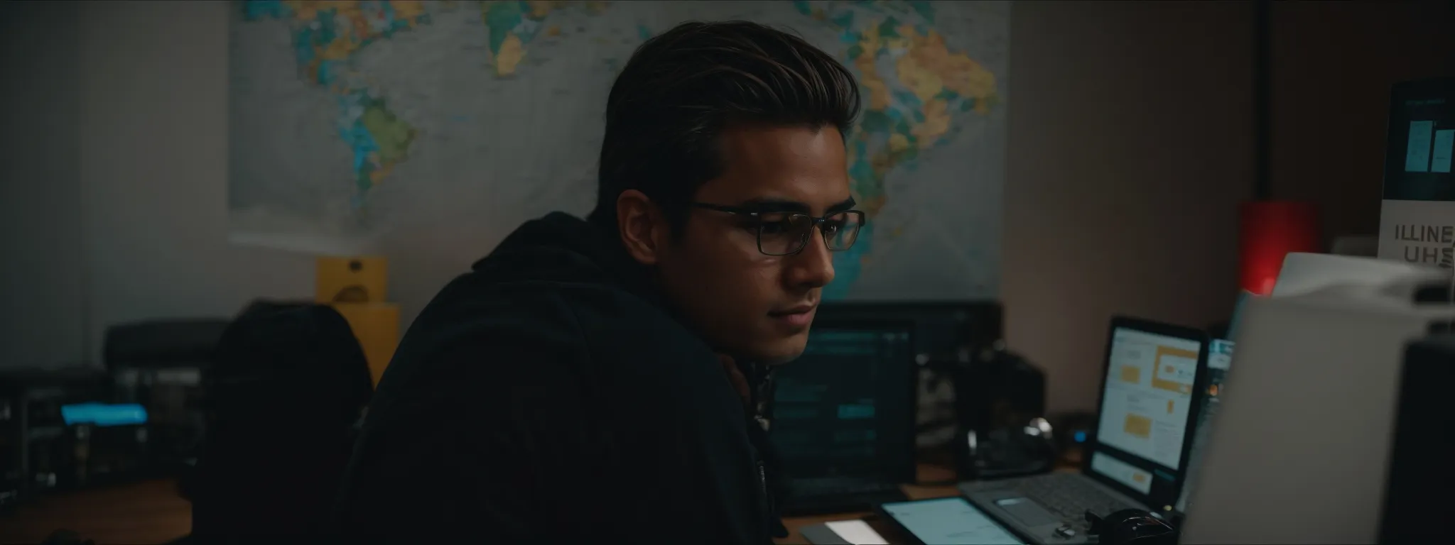 a webmaster sits at a computer, intently scrutinizing a network map displaying various website connections.