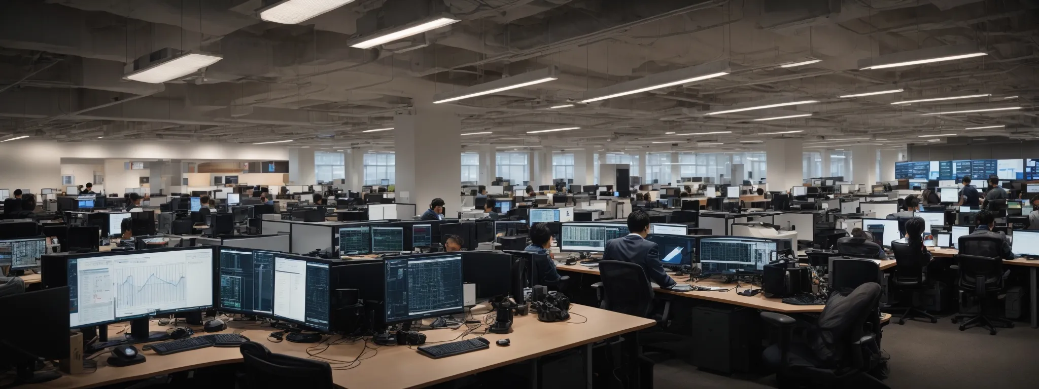 a wide-angle view of a bustling tech office space with people using large computer monitors displaying colorful graphs and charts.