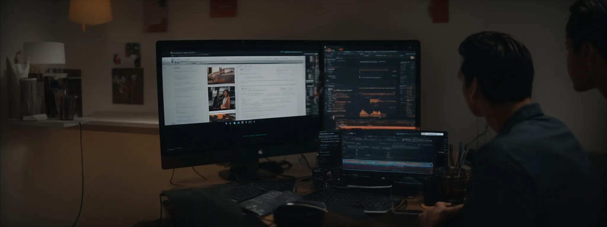 a person sitting in front of a computer with an open blog editor, surrounded by marketing analytics on the screen.