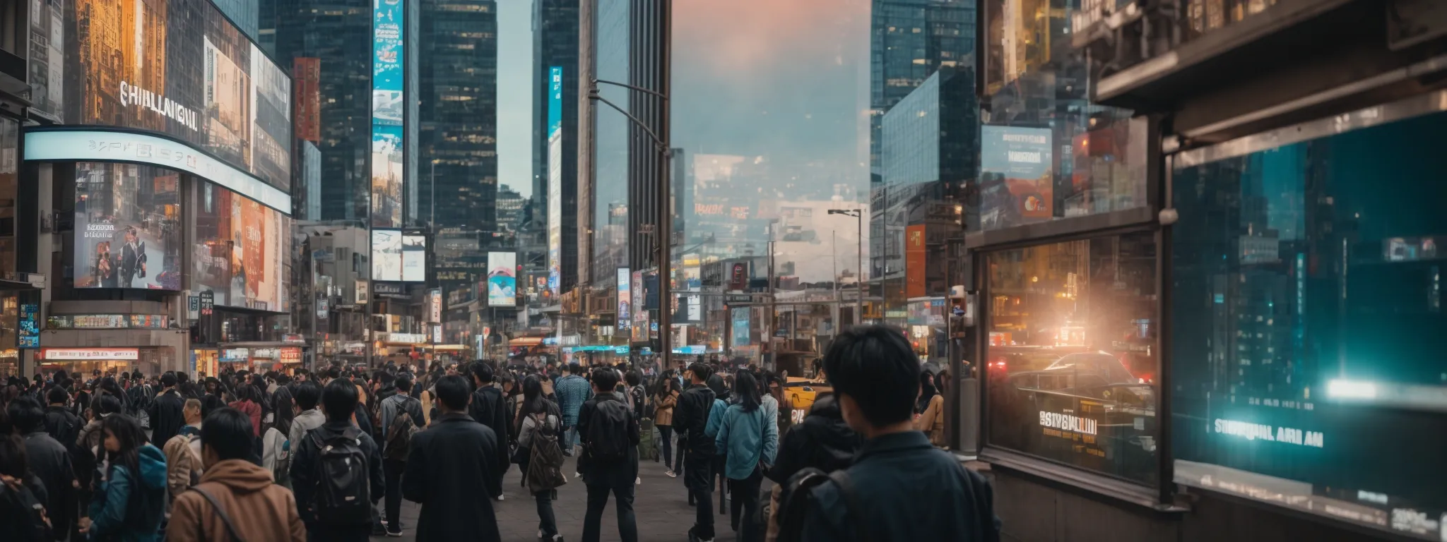 a split image showcasing a bustling cityscape with glowing billboard advertisements on one side and an individual scrolling through social media on a smartphone on the other.