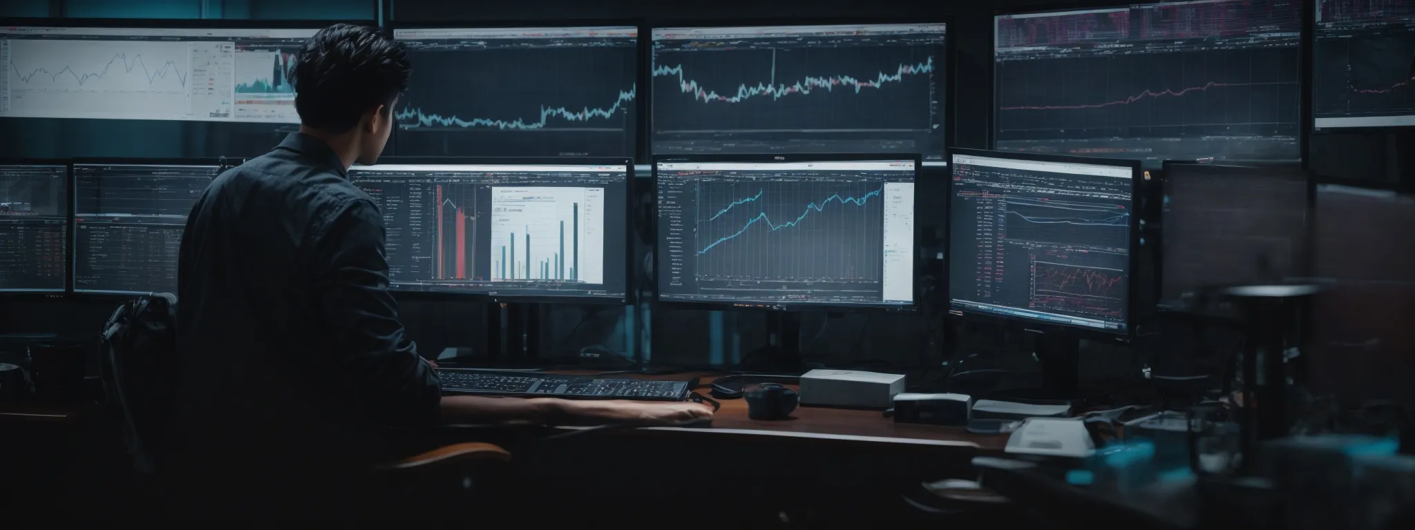 a person at a computer station intensively analyzing graphs and metrics on multiple screens, reflecting a sophisticated content strategy in development.