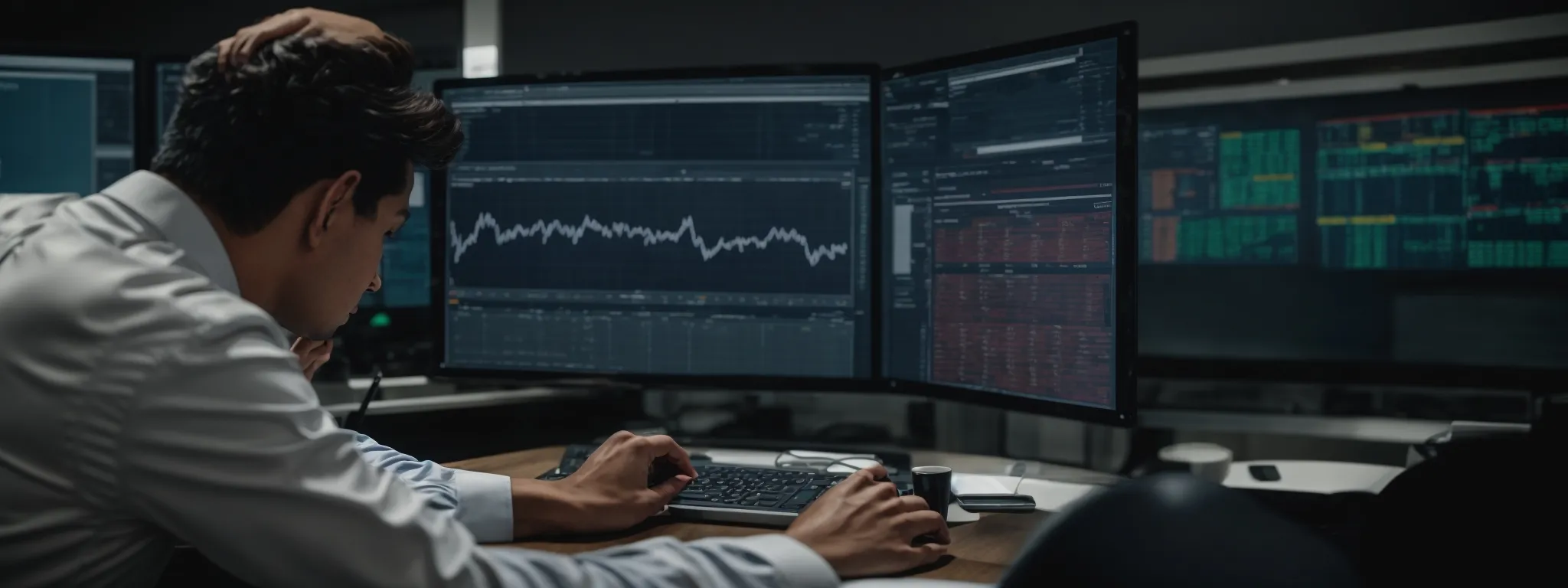 a focused individual reviewing analytics on a computer screen while adjusting a strategic plan on a digital document.