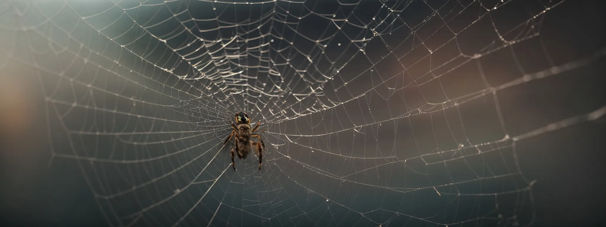 a spider weaving a complex web against a muted, abstract digital background.