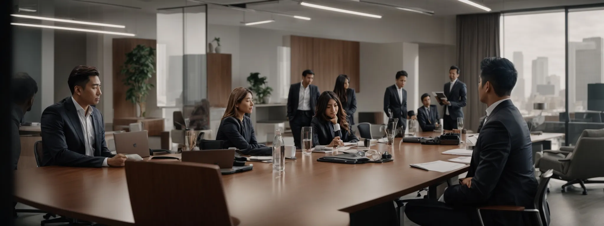 a strategic meeting between two executive teams in a modern office, discussing integration plans over a large conference table.
