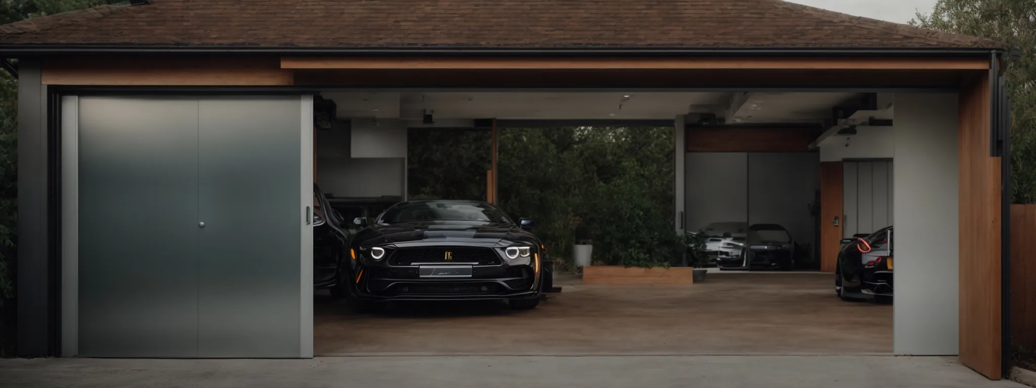 a modern garage with a sleek, new door partially open, revealing a bright, organized interior.