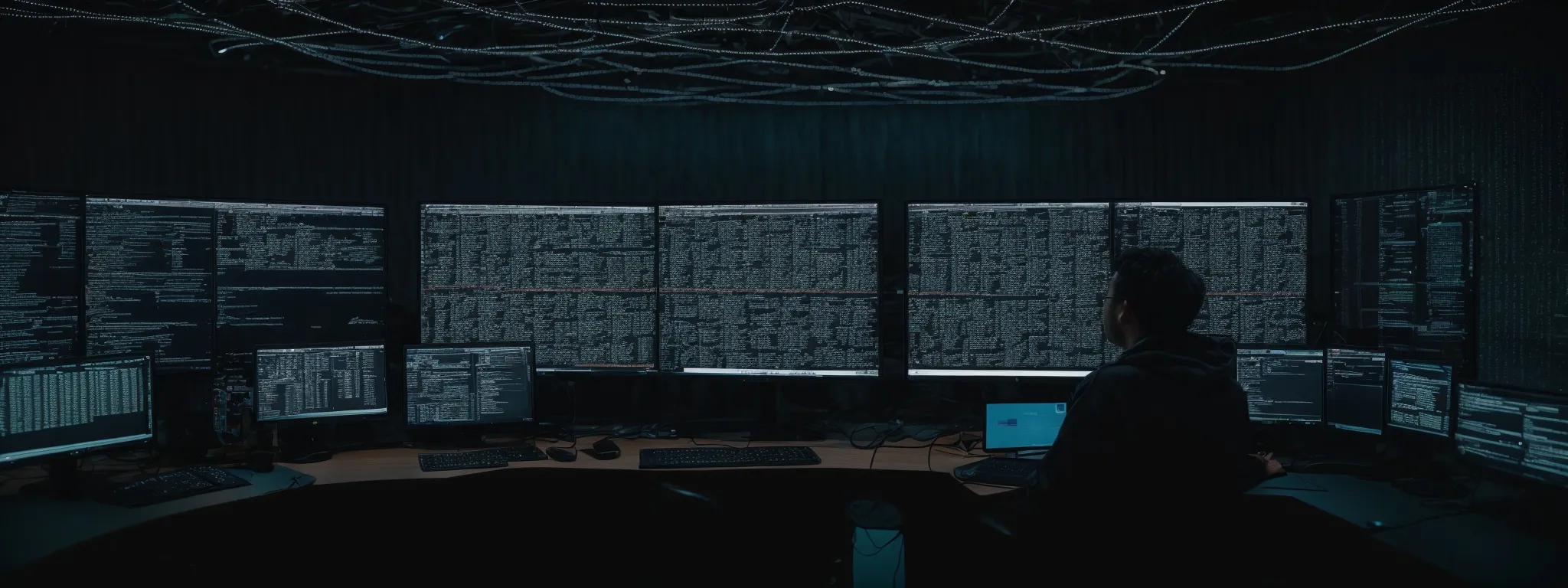 a web developer sits before multiple computer screens filled with lines of code, delving into the clandestine intricacies of seo cloaking strategies.