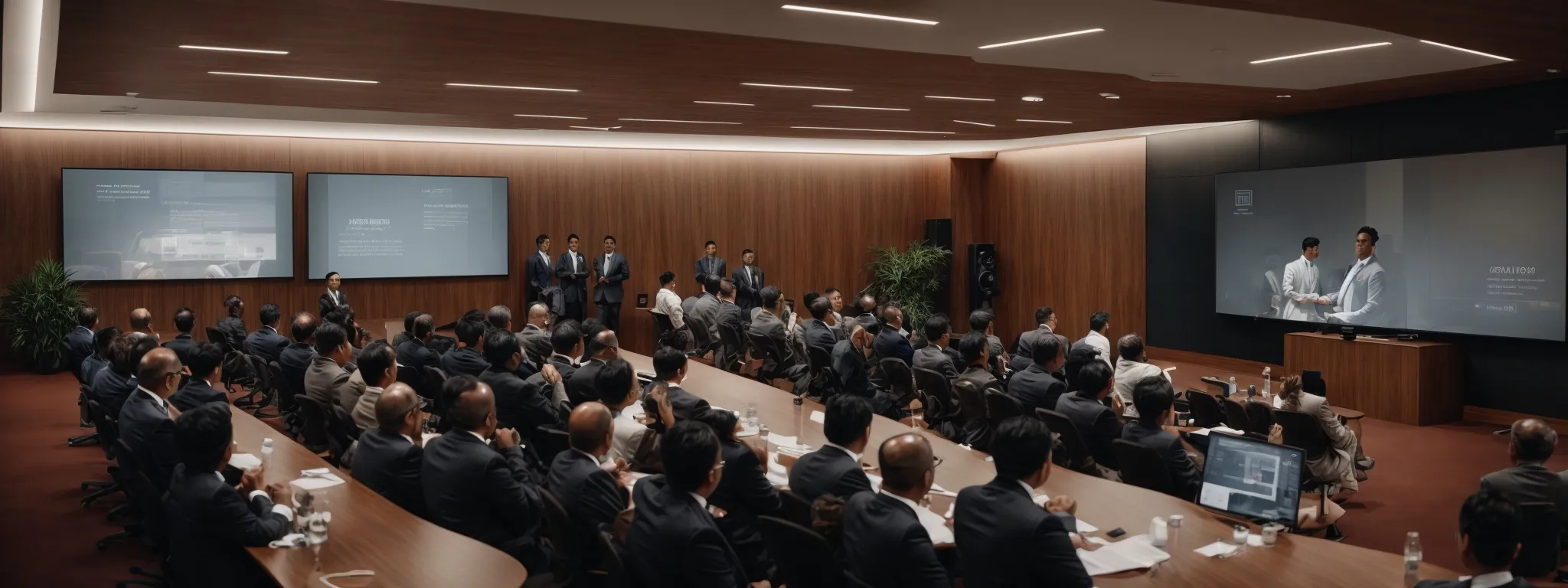 A group of people in business attire attend a corporate presentation in a modern conference room with large screens displaying slides.