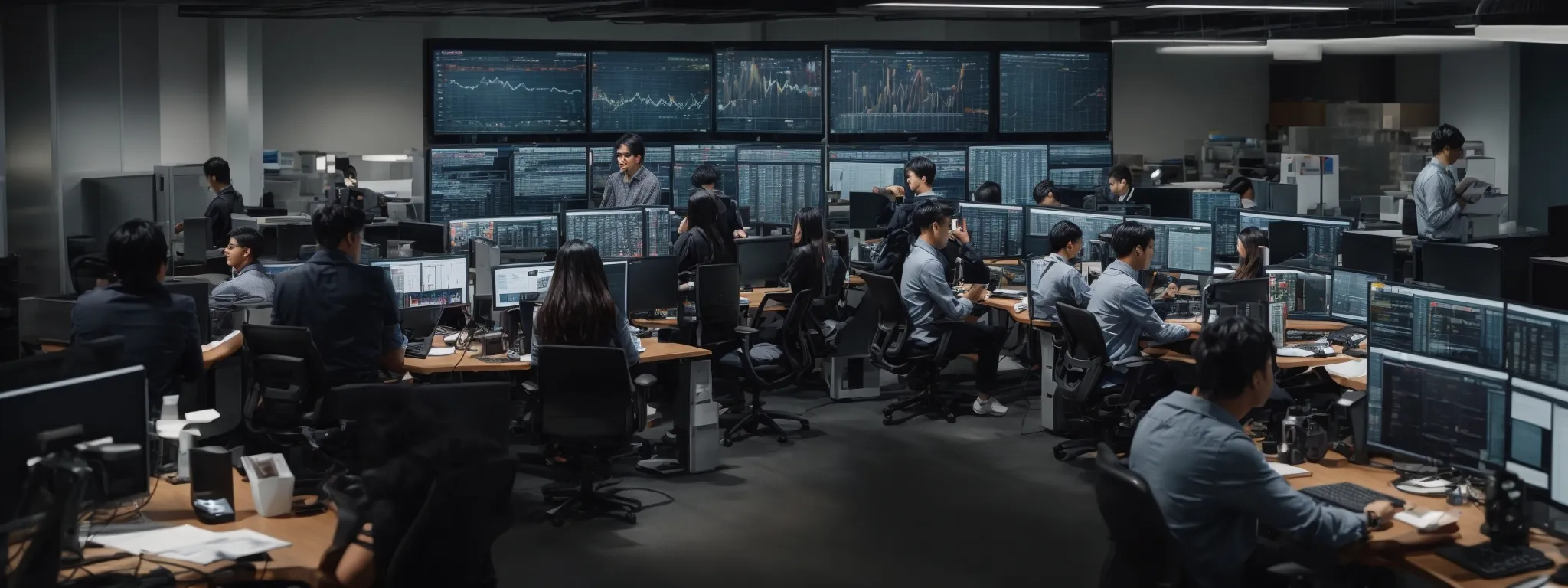 a bustling digital marketing agency with multiple employees intensely focused on large computer screens, analyzing graphs and consumer data.