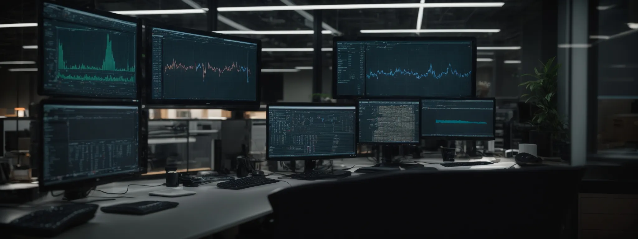 A workspace with multiple computer monitors displaying various graphs, charts, and code, set up in a modern office environment.