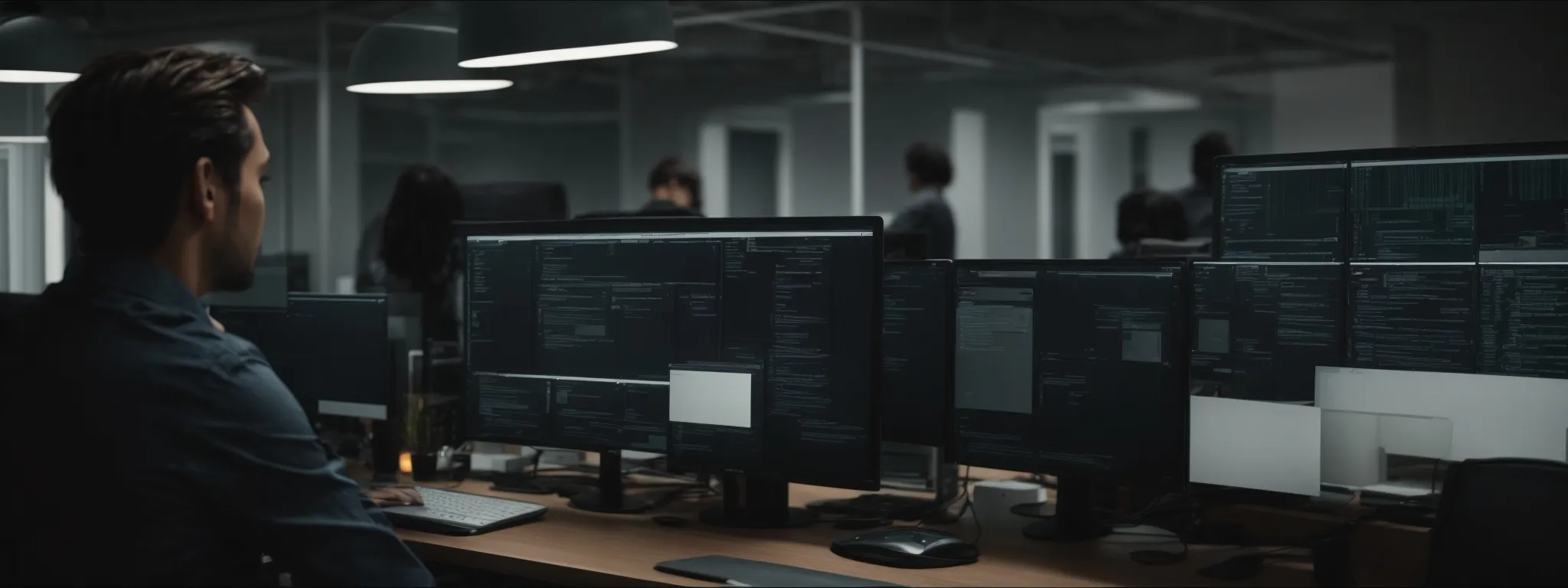 a web developer analyzes a website's architecture on a widescreen monitor in a modern office setting.
