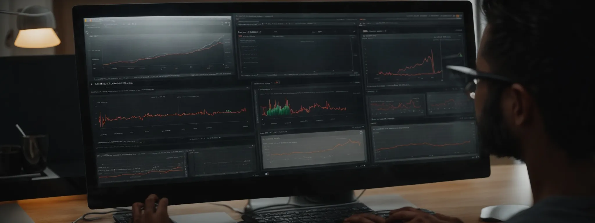 a digital marketer analyzes graphs on a computer screen showing trends between seo and pcp marketing strategies.