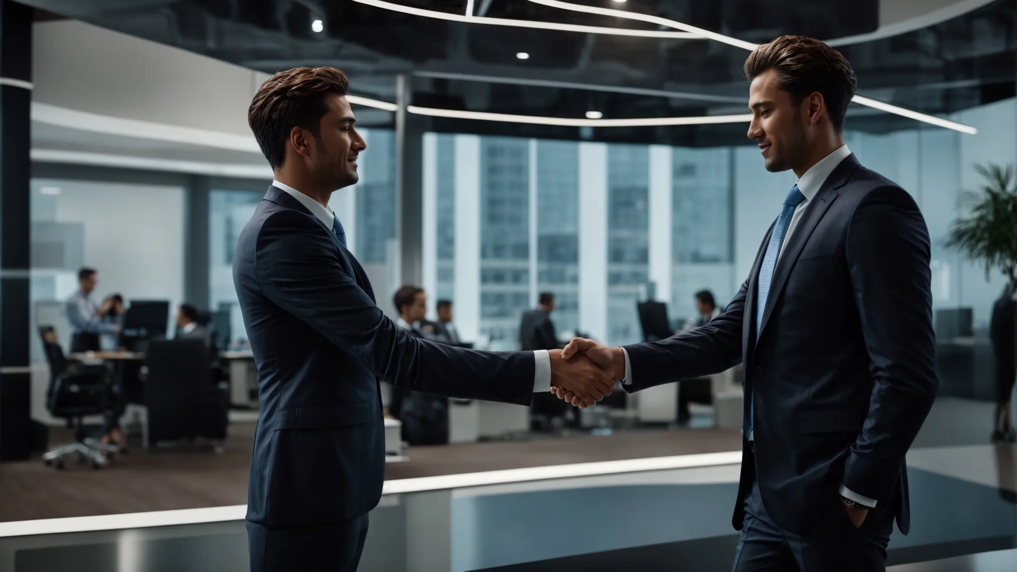 two professional individuals shaking hands in a modern office, sealing a deal in front of a digital marketing presentation on a large screen.