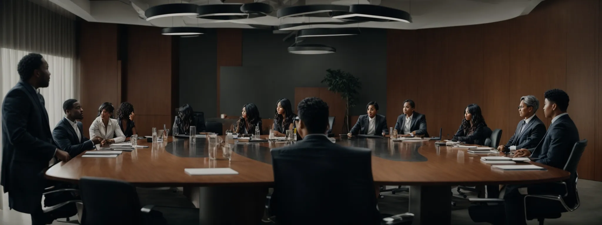 a diverse team of professionals gathers around a conference table, engaging in a collaborative discussion.
