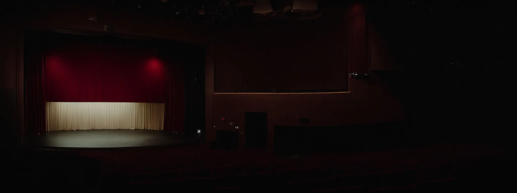 a lit-up stage with an empty headline slot above a theater entrance, awaiting a thought-provoking title.
