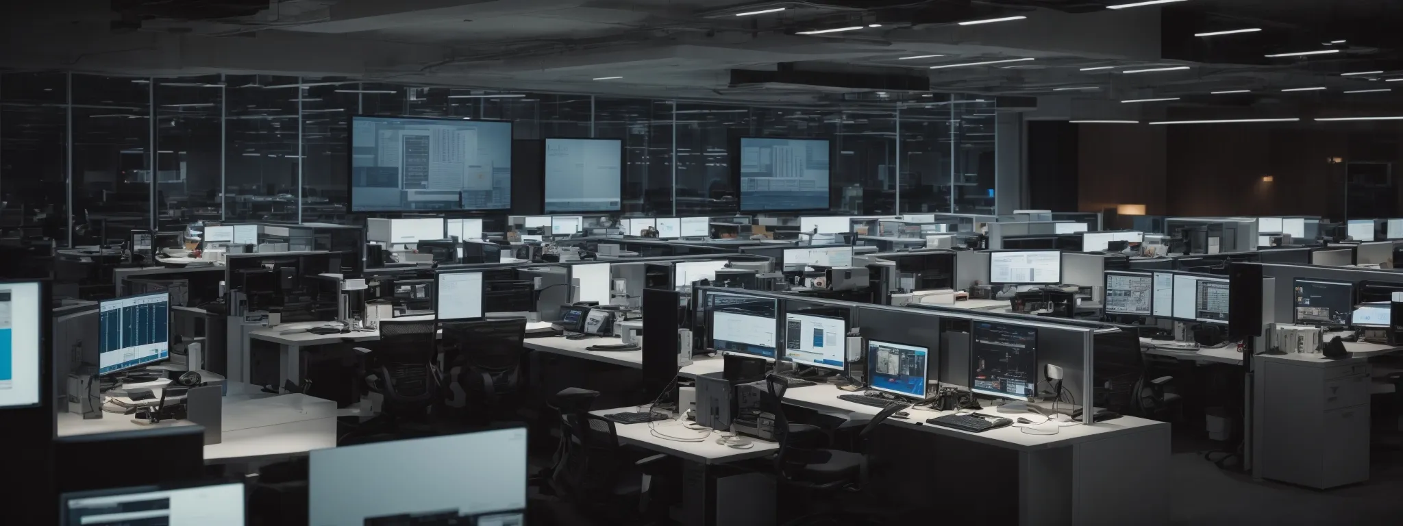 a bustling modern office with sleek computers and digital screens showcasing analytical data for marketing campaigns.