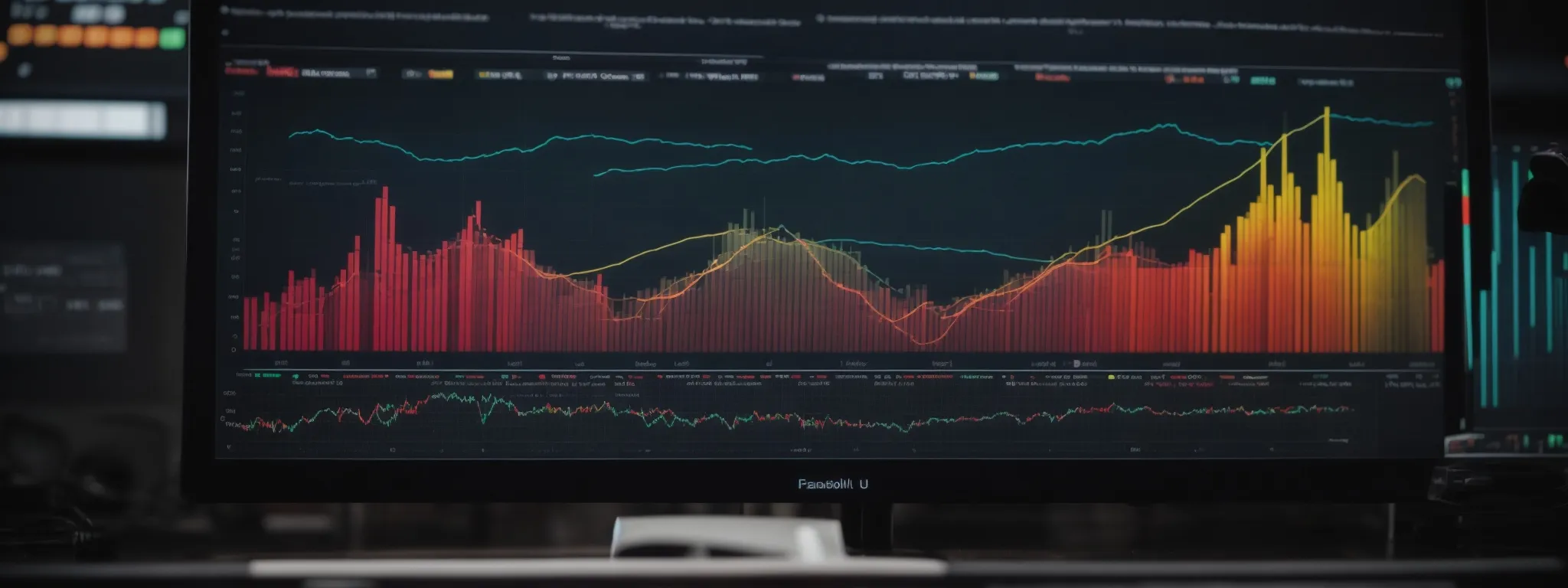 a colorful graph on a computer screen showing upward growth trends with analytic tools in the background.
