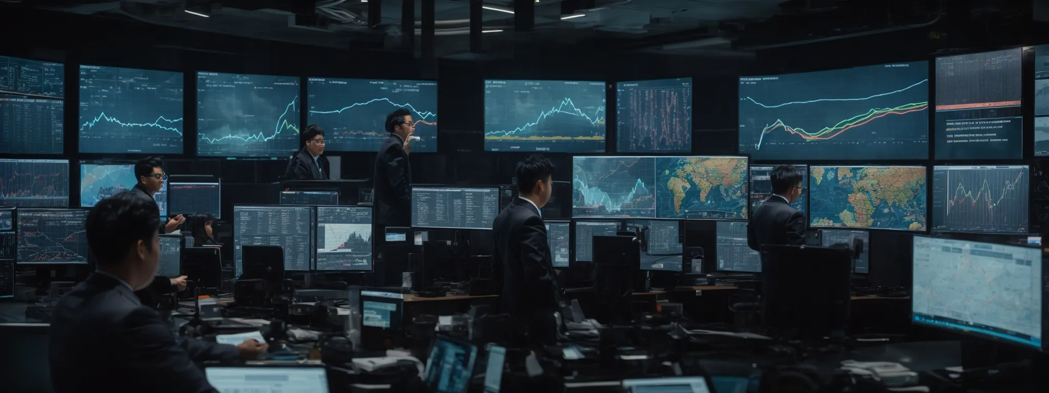 a command center with multiple screens displaying graphs, analytics, and a digital world map, with marketers strategizing in the background.
