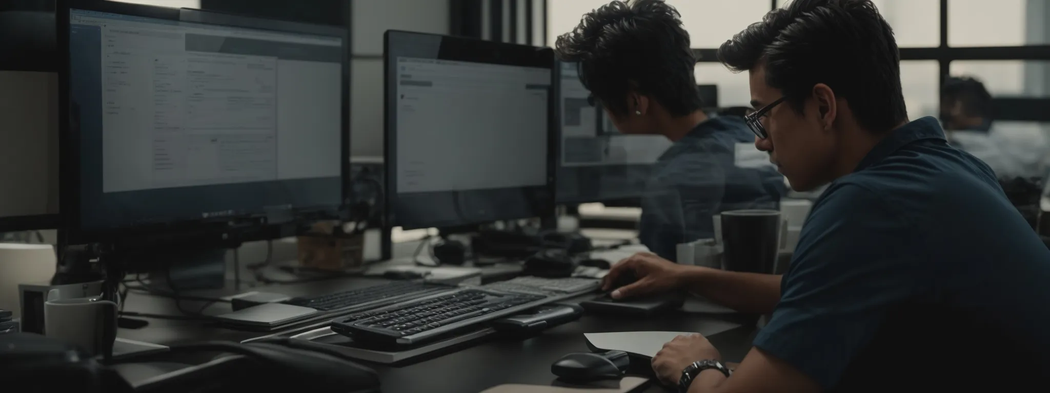 a person typing at a computer in a modern office setup with an open browser displaying search results for plumbing services.