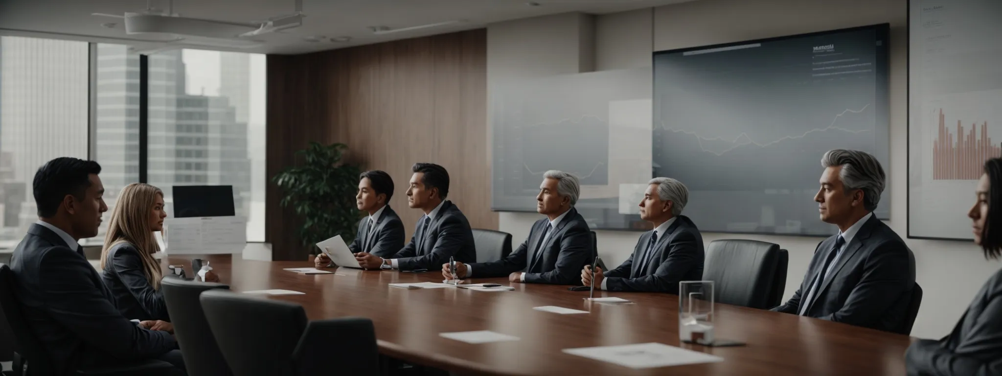 a boardroom with executives analyzing graphs depicting customer retention and attrition rates.