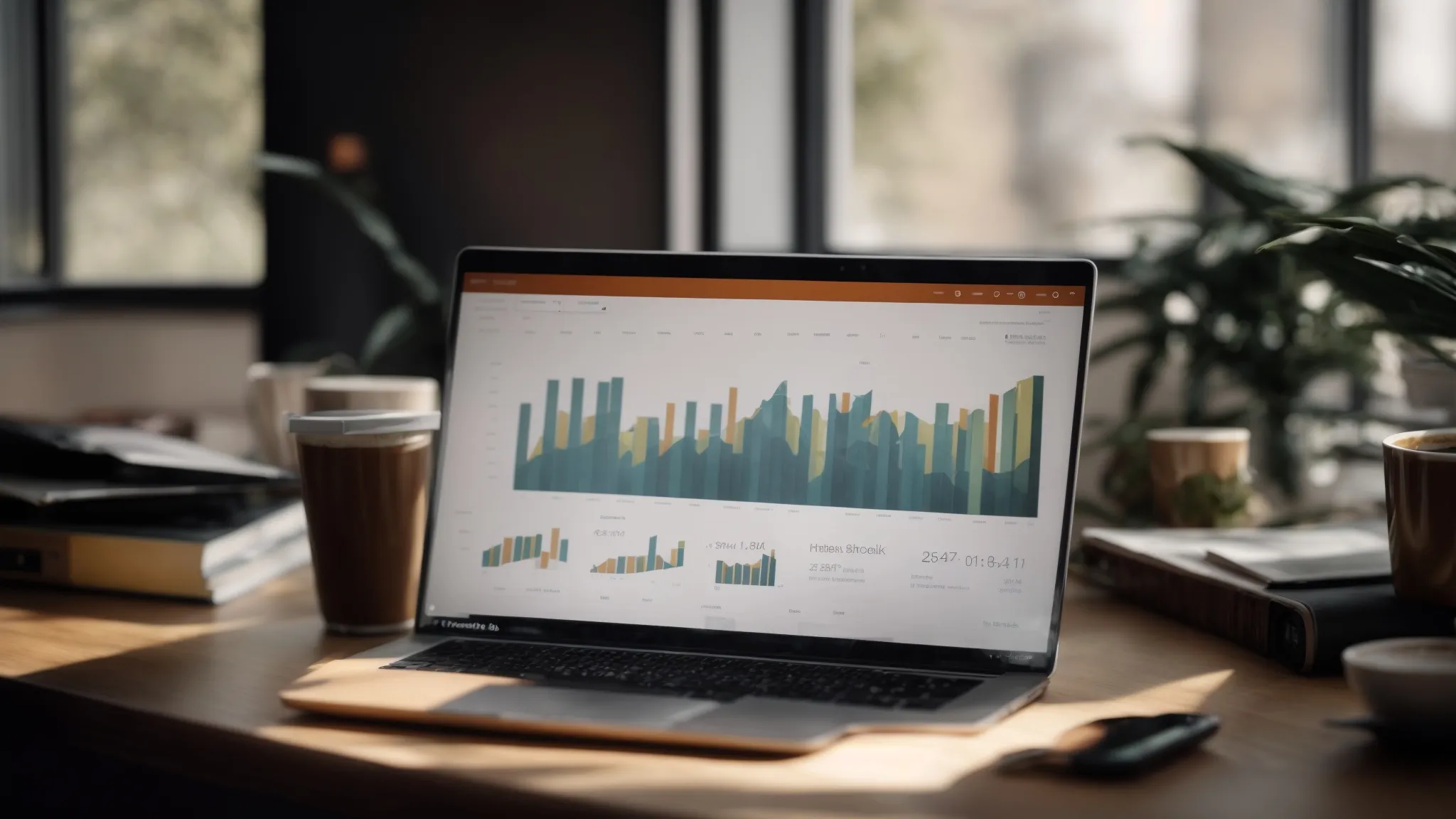 a laptop open on a desk showing graphs of website traffic with a cup of coffee beside it.