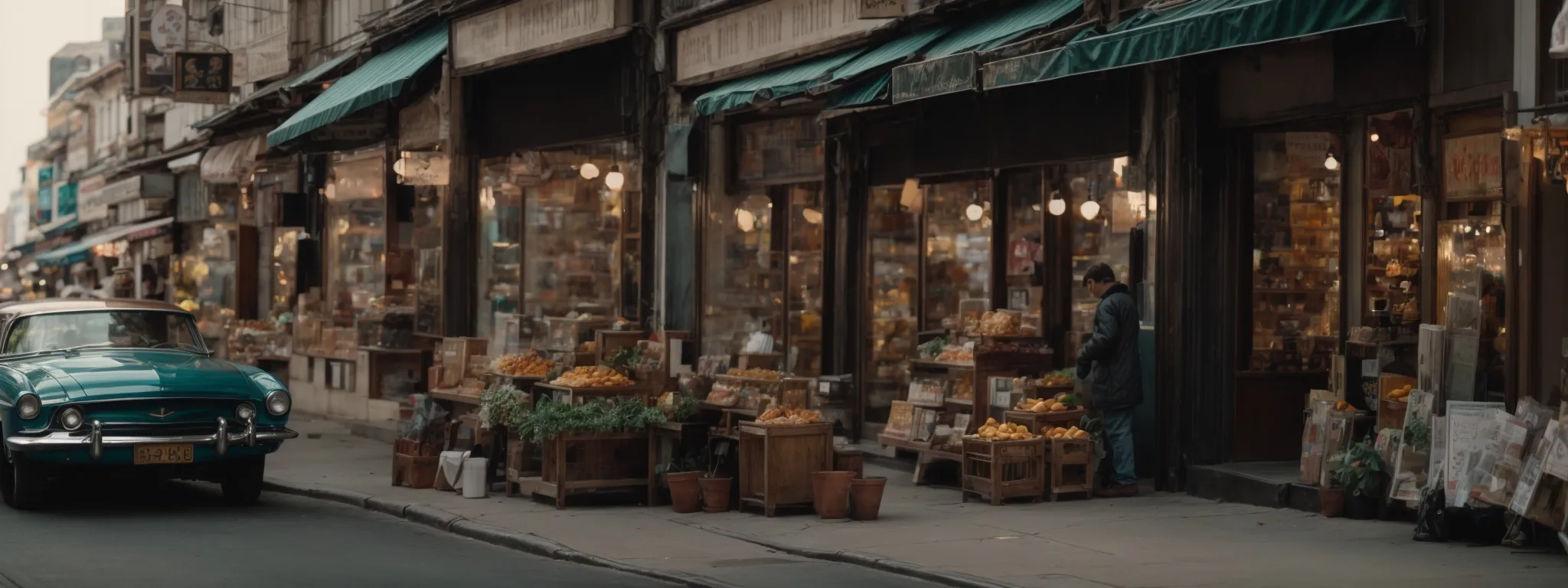 a bustling city street with diverse shops reflecting the unique character of the neighborhood.