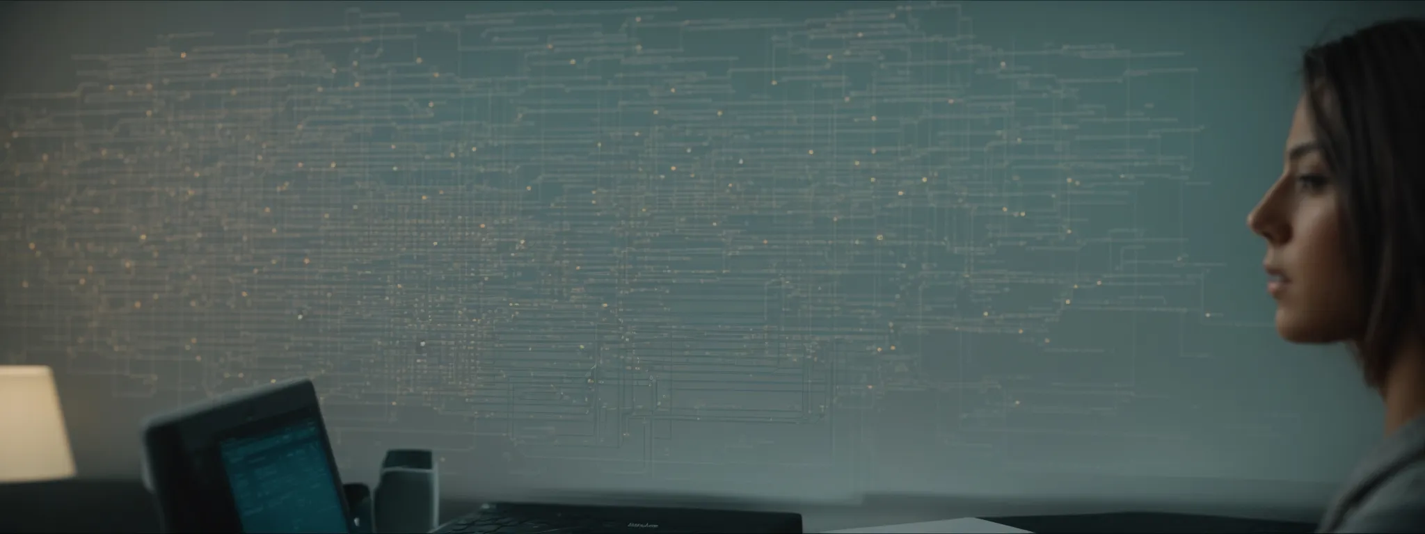 a web designer analyzes a complex network diagram representing various website connections on a computer screen.