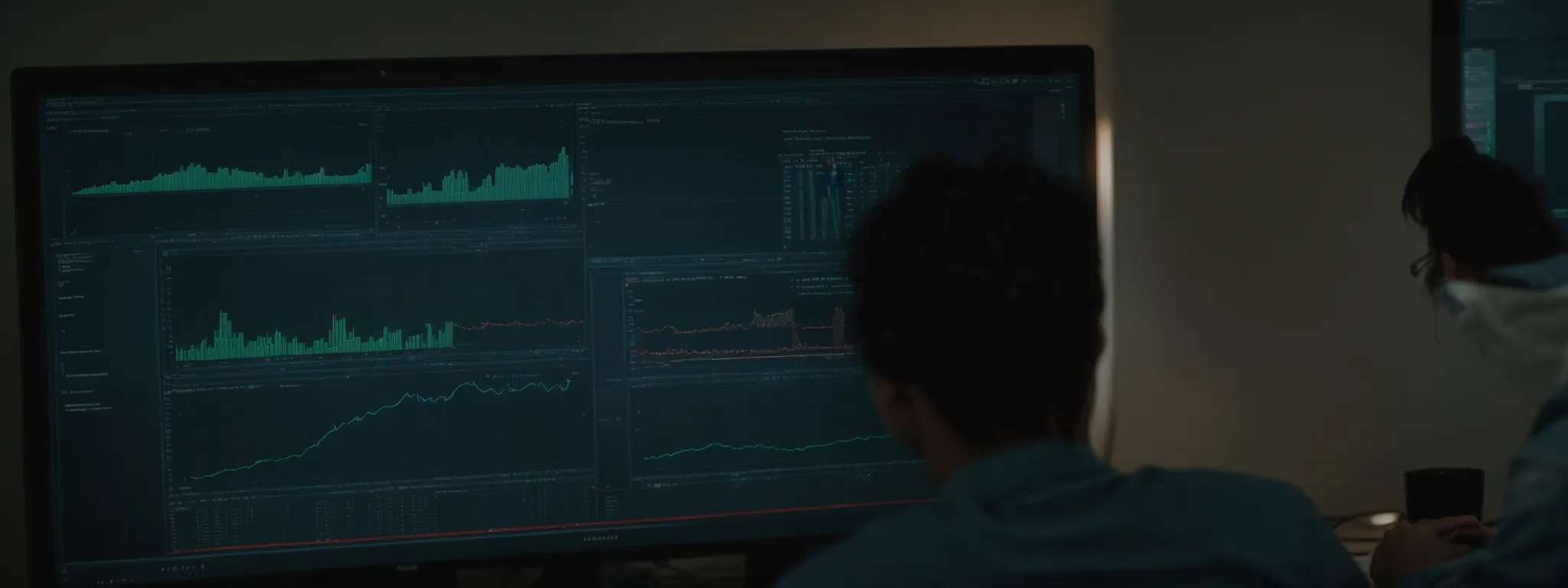 a person stares at a large computer monitor, reviewing graphs and data analytics on user engagement and website traffic.