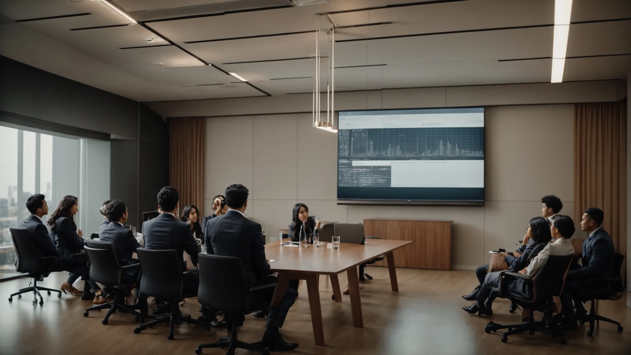 a group of individuals in a meeting room with one person giving a presentation on a large screen.