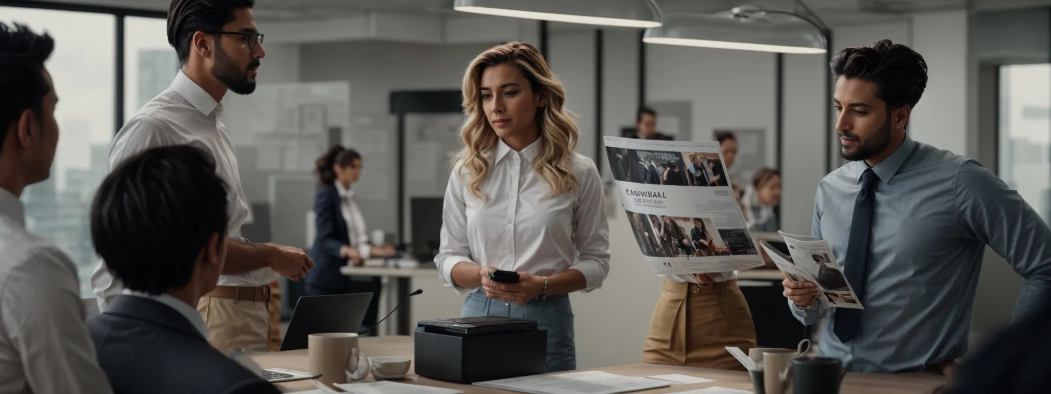 a marketing professional presents a hybrid campaign featuring both a magazine and digital interface to a group of attentive colleagues in a modern office setting.