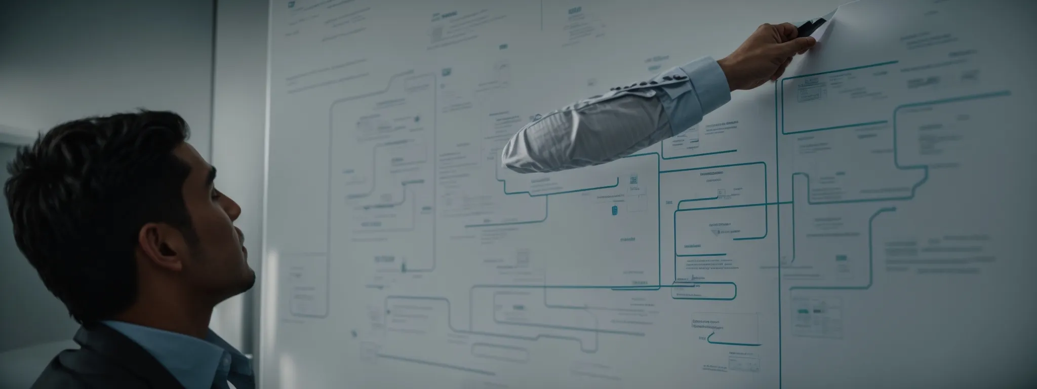 a marketer analyzing a detailed funnel flowchart on a whiteboard that illustrates the customer journey from discovery to purchase.