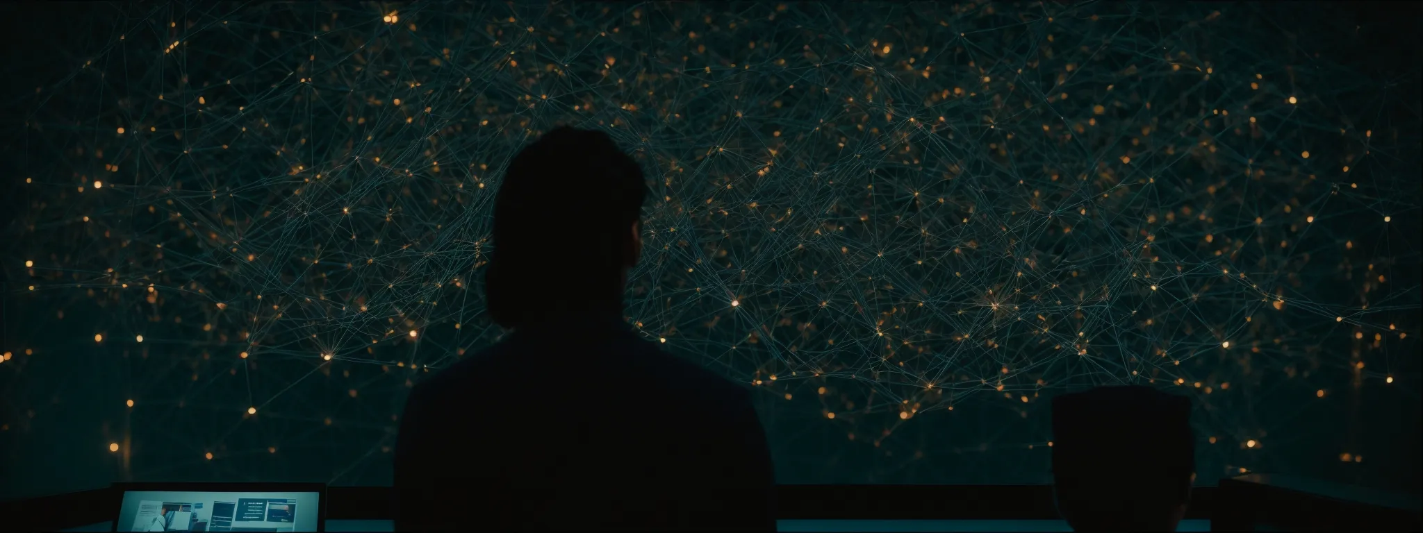 a person intently staring at a computer screen displaying a complex network of interconnected nodes.