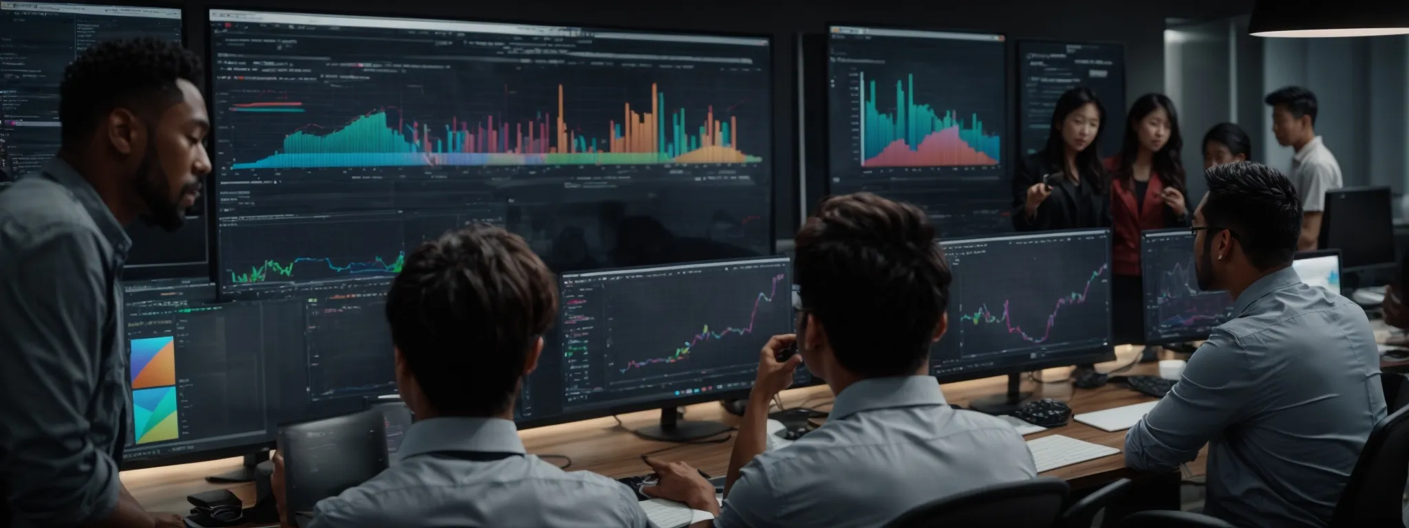 a diverse group of professionals collaborates around a large, sleek monitor displaying colorful graphs and charts, analyzing digital marketing metrics.