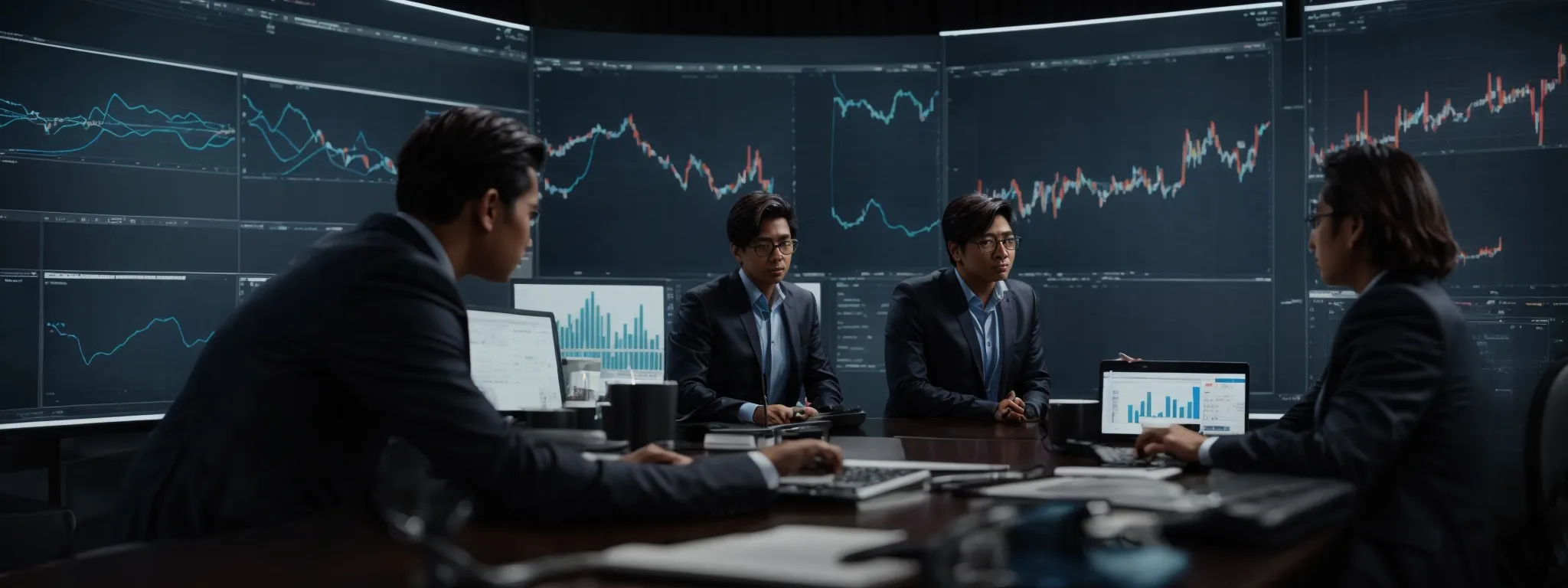 Four people in business attire sit around a conference table, discussing financial charts displayed on large monitors and laptops in a modern office setting.