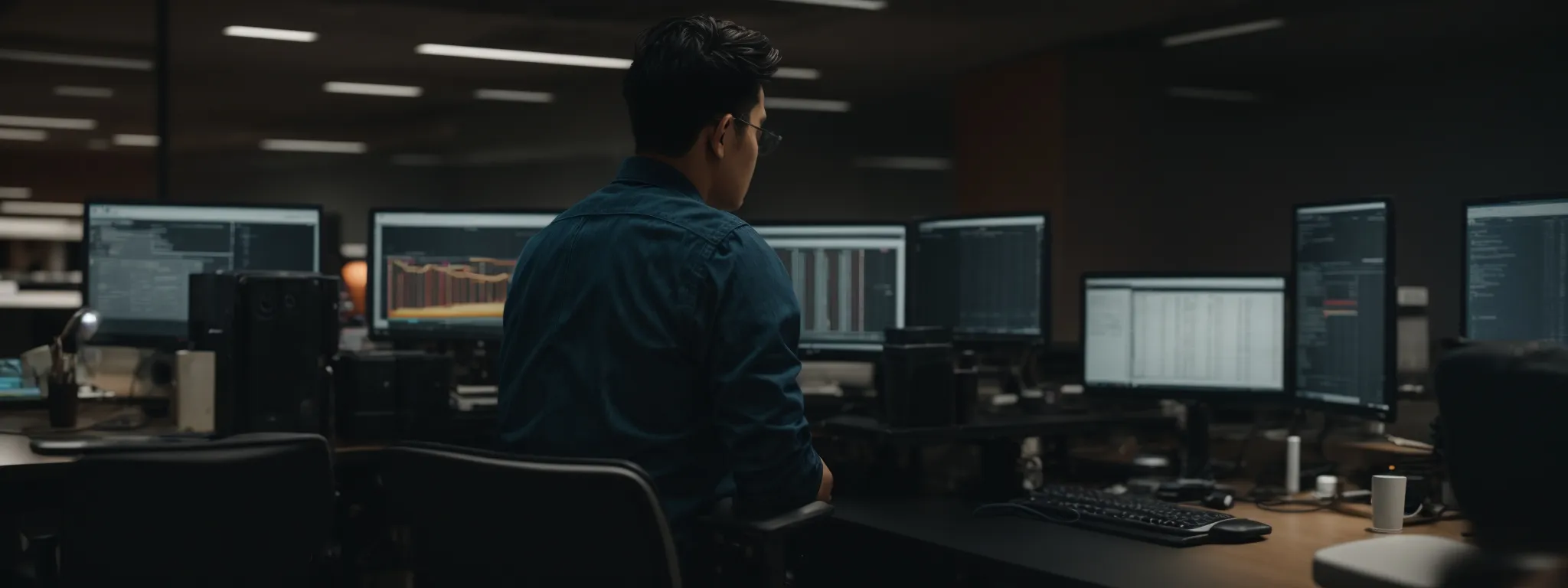 a focused individual intently analyzes data on a computer screen, strategizing in a modern office environment.