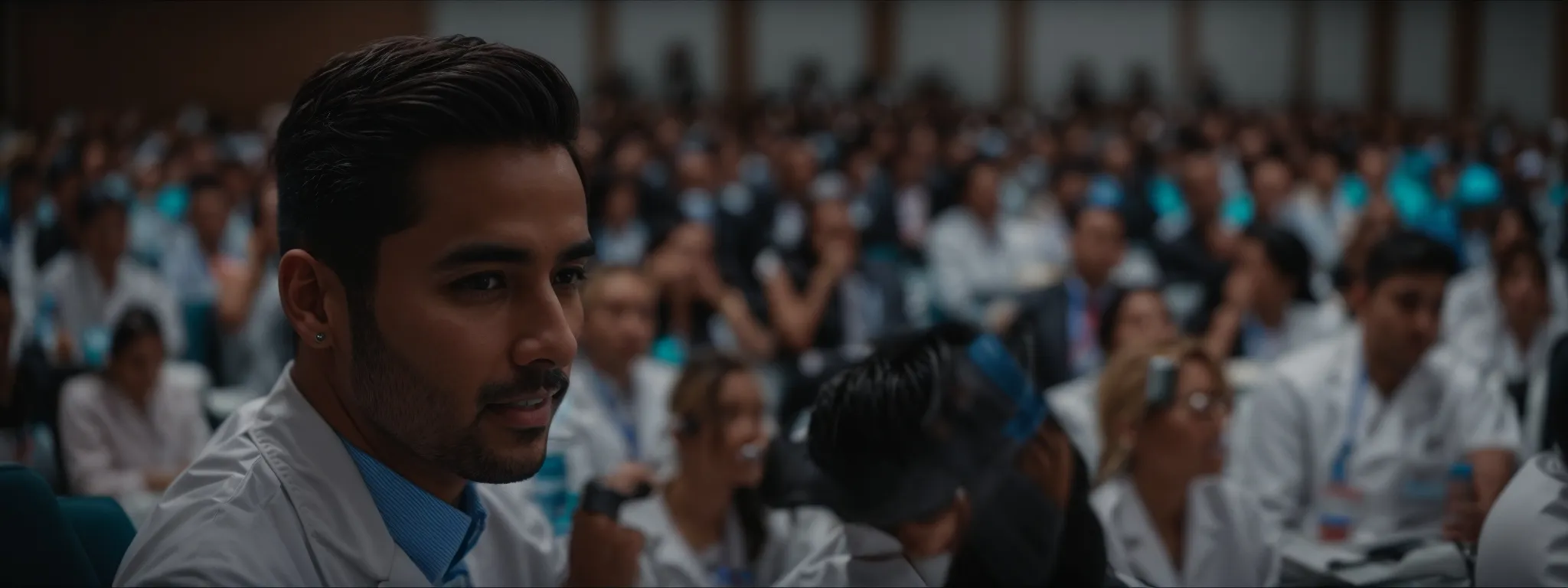 A man in a white coat sits among a large audience, many also in white coats, at what appears to be a conference focused on topics like SEO for Dentists and other industry advancements.