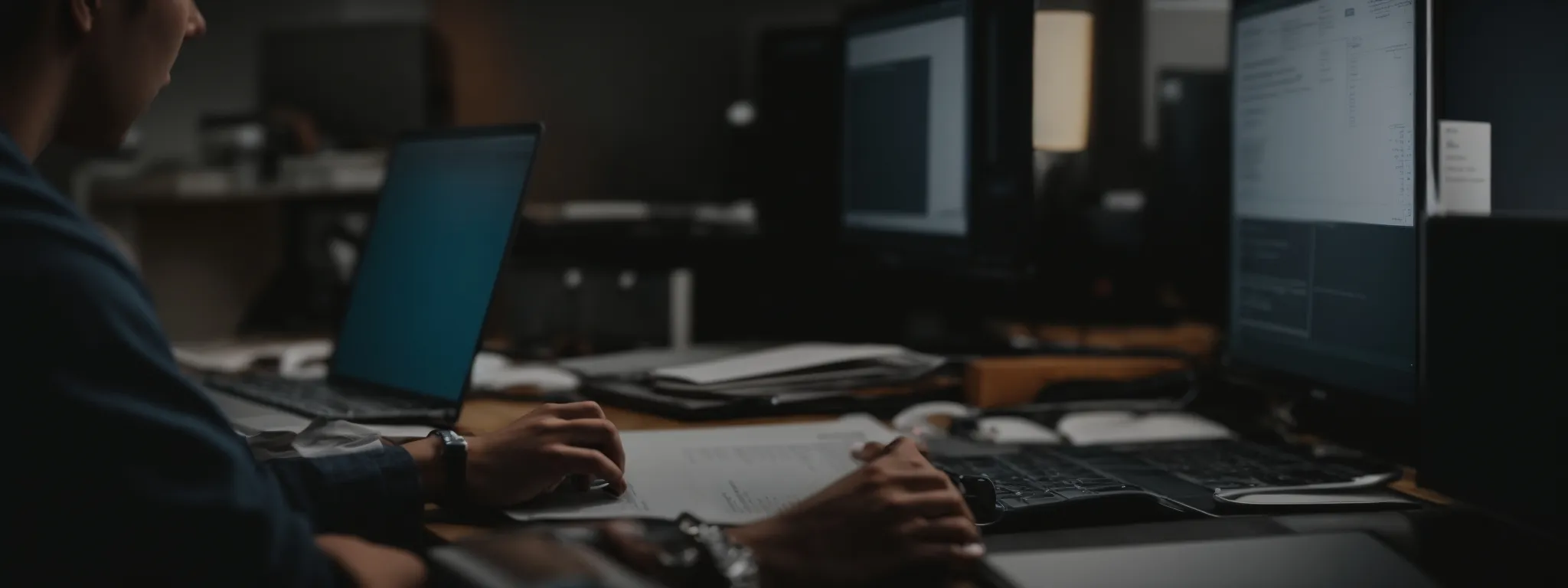a person sitting at a computer, working on a digital marketing strategy plan with a focus on search engine optimization.